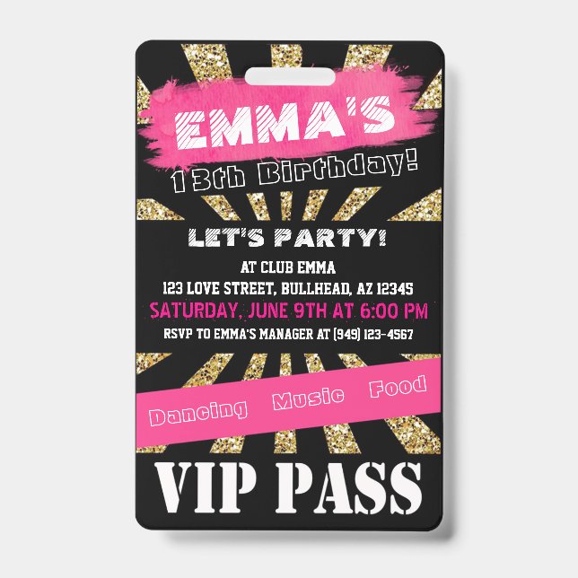 VIP Pink & Gold Any Event Pass Custom Wording ID Badge (Front)