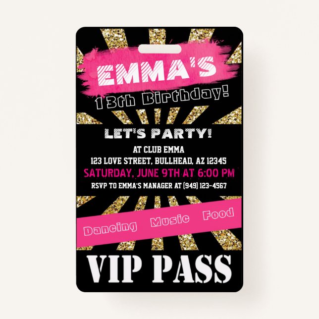 VIP Pink & Gold Any Event Pass Custom Wording ID Badge (Front)