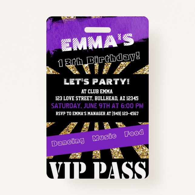 VIP Purple & Gold Any Event Pass Birthday Invite ID Badge (Front)