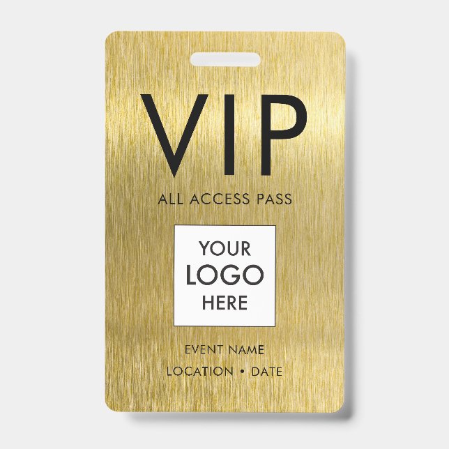 VIP Simple Font on Brushed Gold Metallic ID Badge (Front)