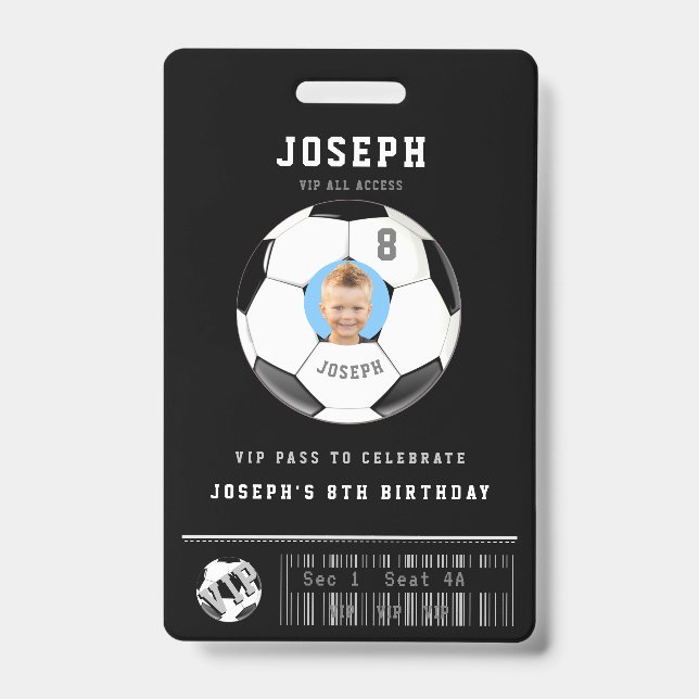 VIP Soccer Pass Custom Photo Birthday Party ID Badge (Front)