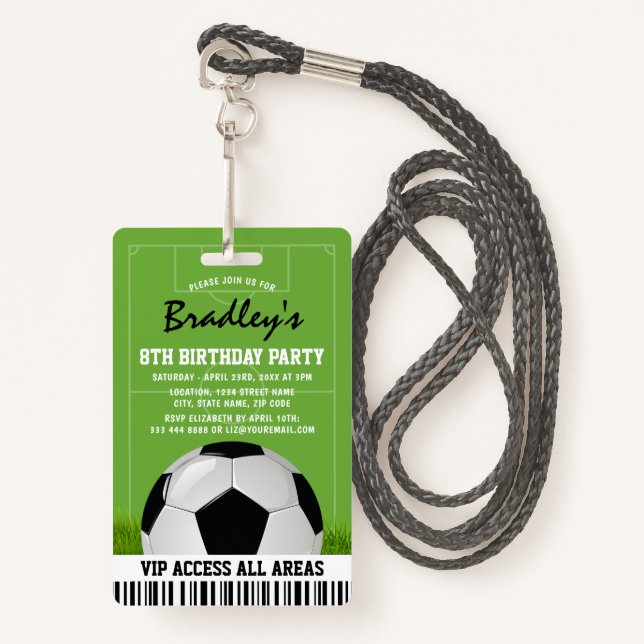 VIP Sports Pass Kids Soccer Birthday Party ID Badge (Front with Lanyard)