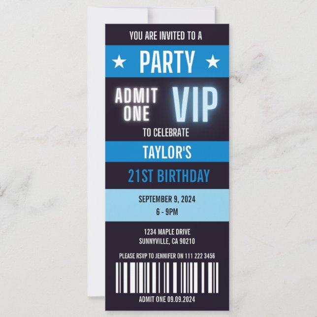 VIP Ticket 21st Any Age Birthday Party  Invitation (Front)