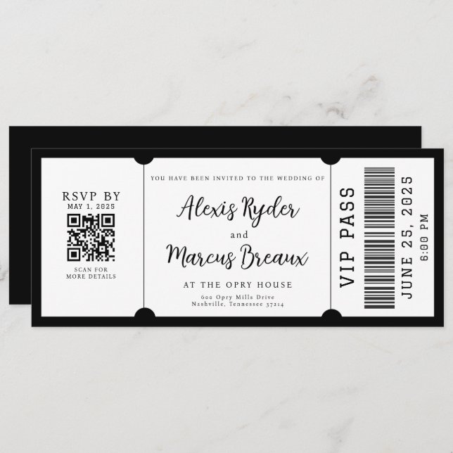 VIP Ticket Black and White Wedding Invitation (Front/Back)
