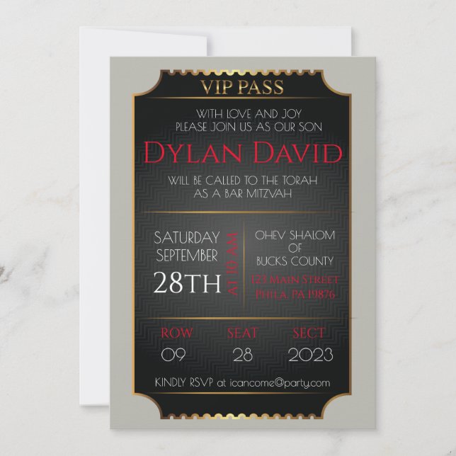 VIP TICKET in Black and Gold Bat Bar Mitzvah Invitation (Front)