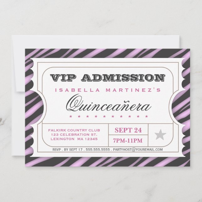 VIP Ticket Zebra Glam Quinceanera Birthday Party Invitation (Front)