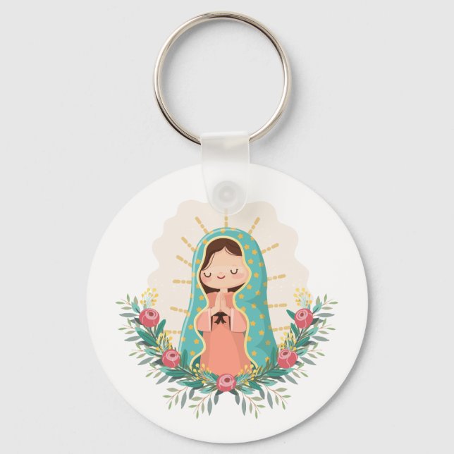 Virgen de Guadalupe kawaii adorned with flowers Key Ring (Front)