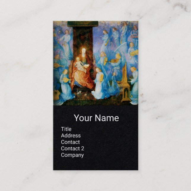 VIRGIN AND CHILD ,BLUE MUSICAL ANGELS Black Paper Business Card (Front)