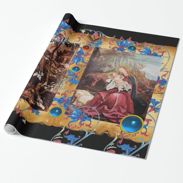 VIRGIN AND CHILD ,FLORAL CHRISTMAS PARCHMENT WRAPPING PAPER (Unrolled)