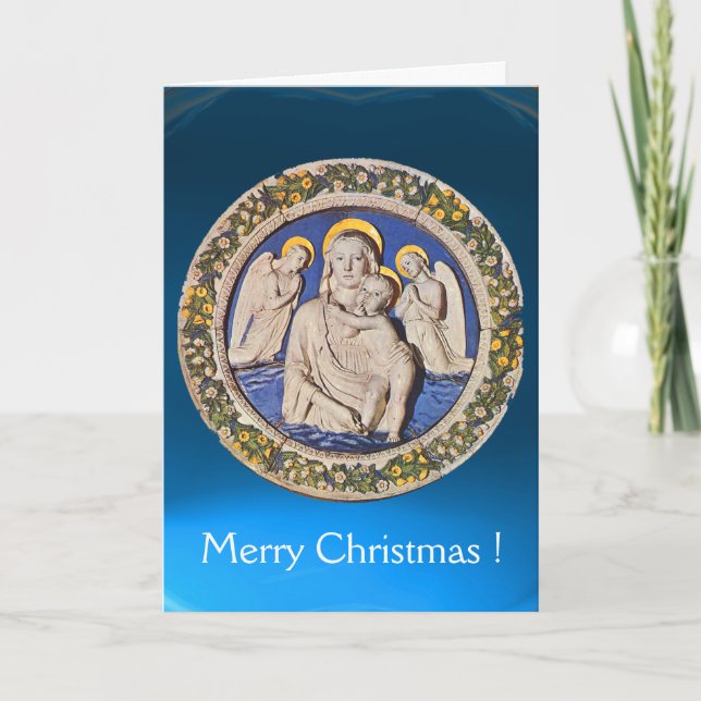 VIRGIN AND CHILD WITH ANGELS, Round Blue Sapphire Holiday Card (Front)