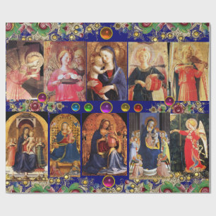 VIRGIN,CHILD AND ANGELS,Gold Blue Floral Christmas Wrapping Paper