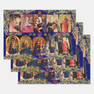VIRGIN,CHILD AND ANGELS,Gold Blue Floral Christmas Wrapping Paper Sheet
