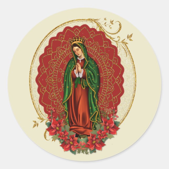 Virgin Guadalupe Catholic Christmas Pointsettia  Classic Round Sticker (Front)