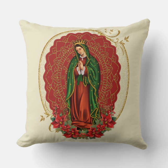 Virgin Guadalupe Catholic Christmas Pointsettia Th Cushion (Front)