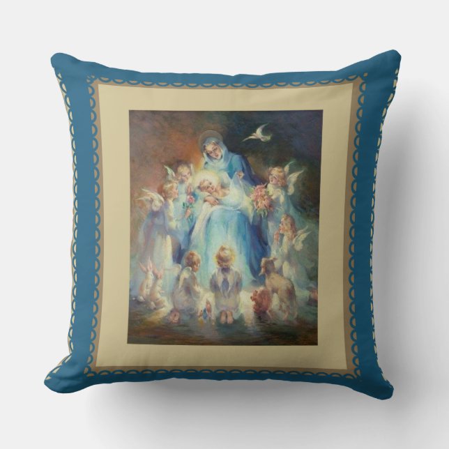 Virgin Madonna Mary with Christ Child Jesus Angels Cushion (Front)