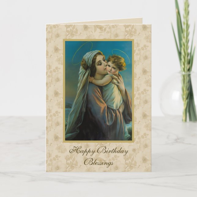Virgin Mary and Baby Jesus on floral background Holiday Card (Front)