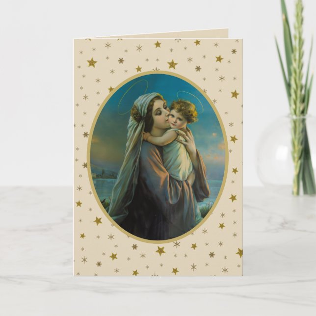 Virgin Mary and Baby Jesus on Starry Background Holiday Card (Front)