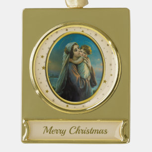 Virgin Mary and Baby Jesus on Starry Christmas Gold Plated Banner Ornament