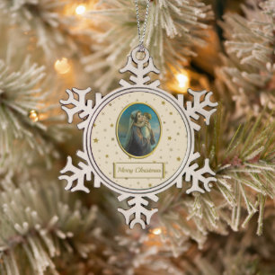 Virgin Mary and Baby Jesus on Starry Christmas Snowflake Pewter Christmas Ornament
