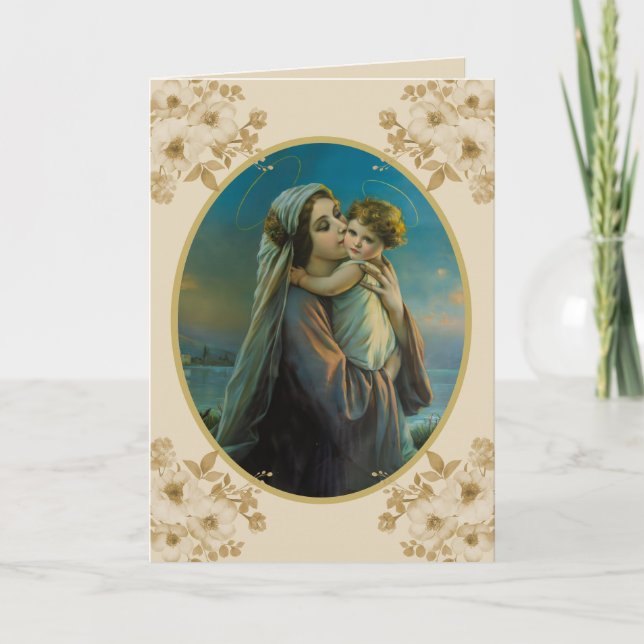 Virgin Mary and Baby Jesus with Roses Holiday Card (Front)
