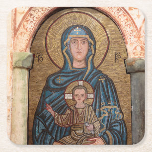 Virgin Mary And Jesus Mosaic Square Paper Coaster