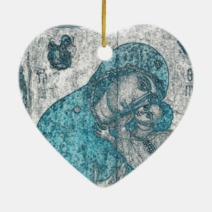 Virgin Mary Baby Jesus Angel Portrait Vintage Blue Ceramic Tree Decoration