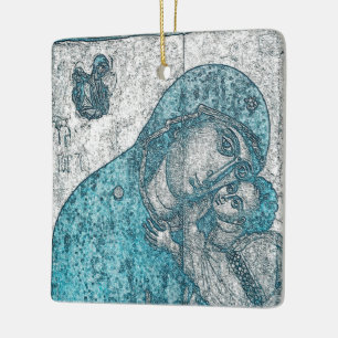 Virgin Mary Baby Jesus Angel Portrait Vintage Blue Ceramic Tree Decoration