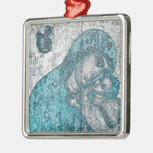 Virgin Mary Baby Jesus Angel Portrait Vintage Blue Metal Tree Decoration