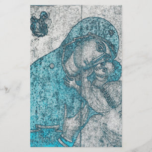 Virgin Mary Baby Jesus Angel Portrait Vintage Blue Stationery