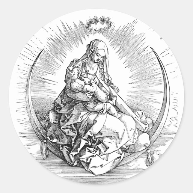 Virgin Mary baby Jesus crescent Moon Art Poster Classic Round Sticker (Front)
