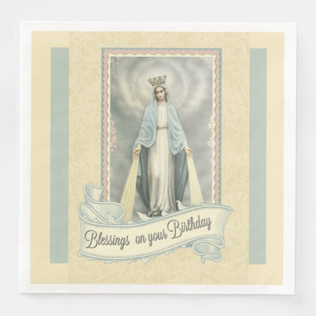Virgin Mary Birthday Blessings Lace Ecru White Napkin (Front)