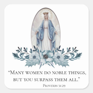 Virgin Mary   Blue Flowers   Scripture Square Sticker