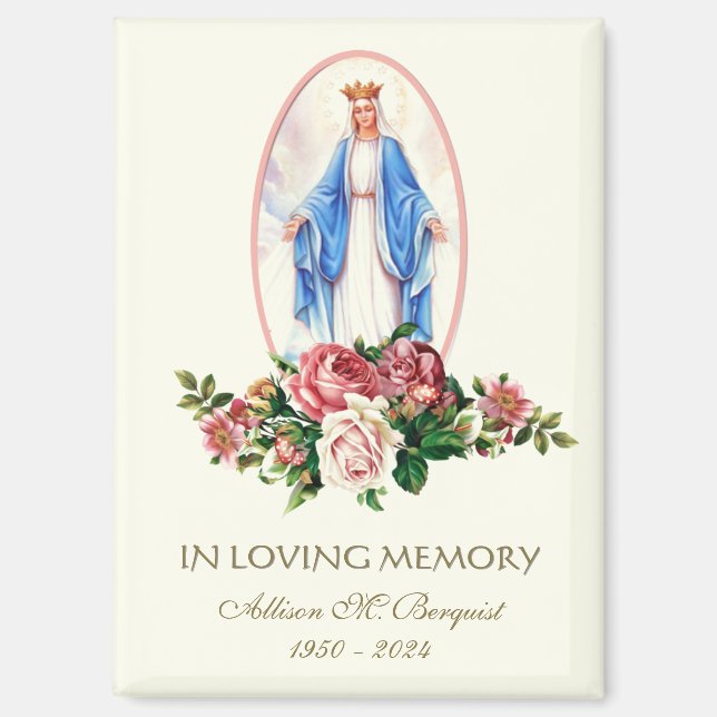 Virgin Mary Catholic Funeral Memorial Floral Magnet (Front)