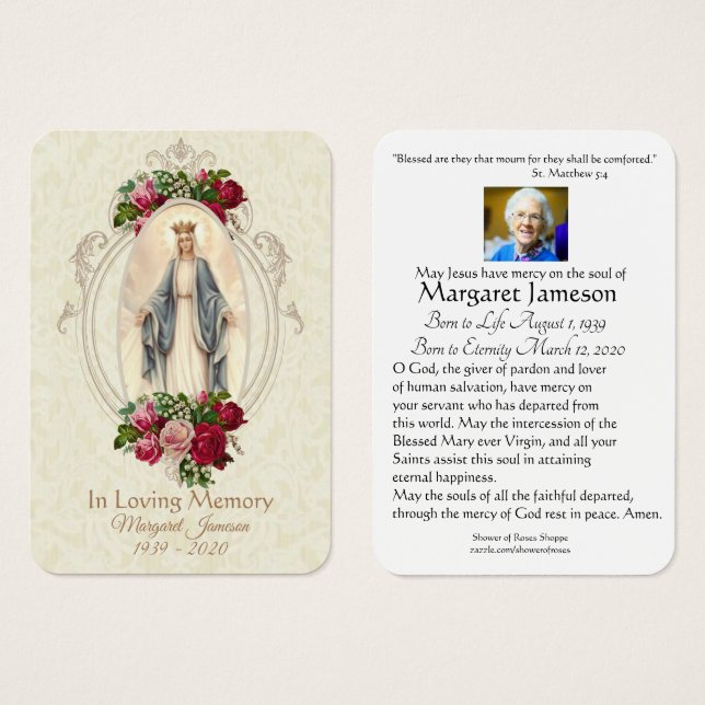 Virgin Mary Catholic Funeral Memorial Holy Card - (Front & Back)