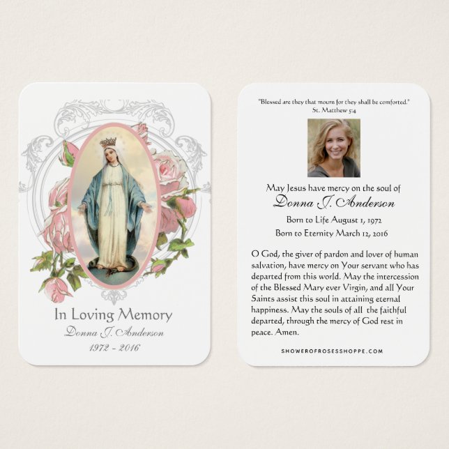 Virgin Mary Catholic Funeral Memorial Holy Card - (Front & Back)