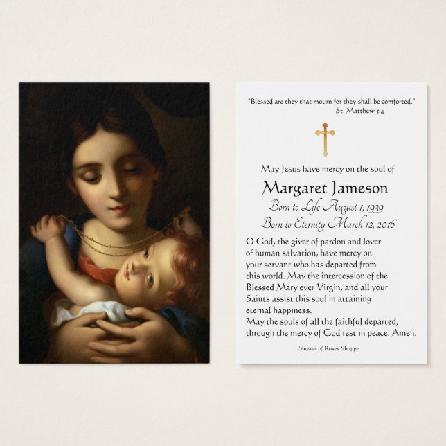 Virgin Mary Catholic Funeral Memorial Holy Card - (Front & Back)