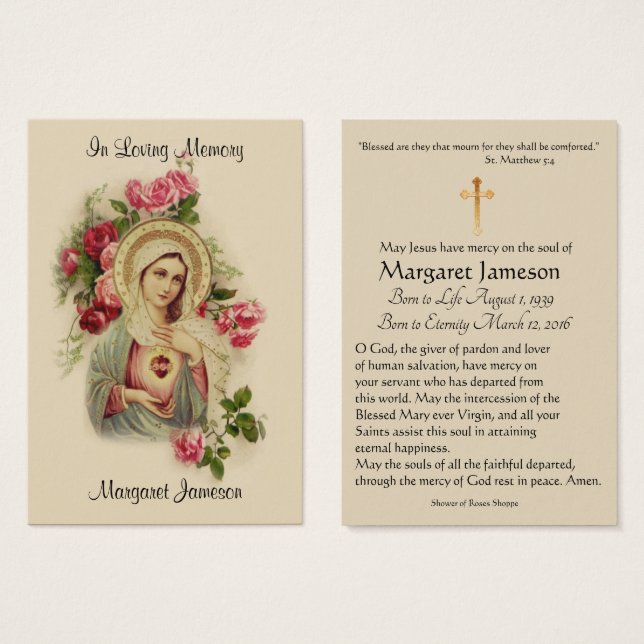 Virgin Mary Catholic Funeral Memorial Holy Card - (Front & Back)