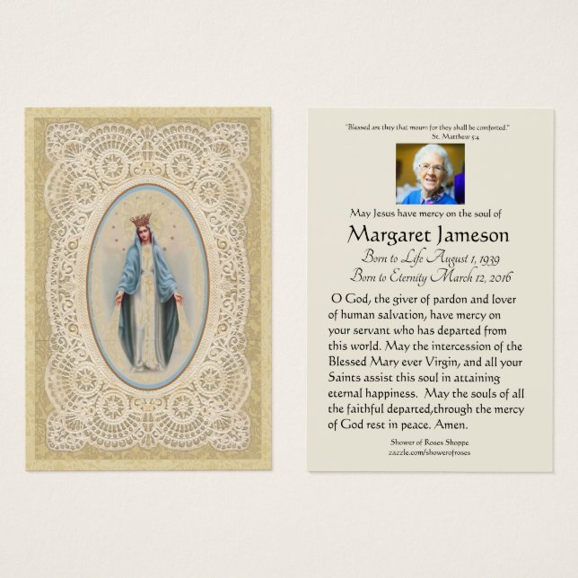 Virgin Mary Catholic Funeral Memorial Holy Card - (Front & Back)
