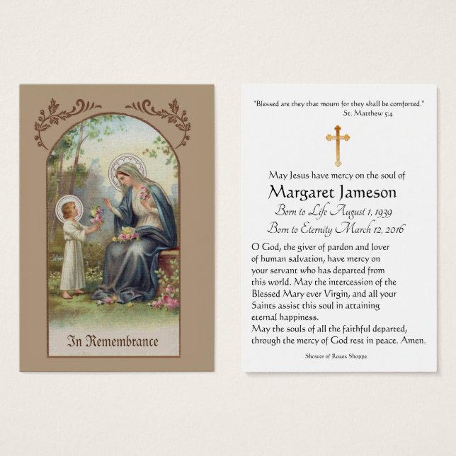 Virgin Mary Catholic Funeral Memorial Holy Card - (Front & Back)