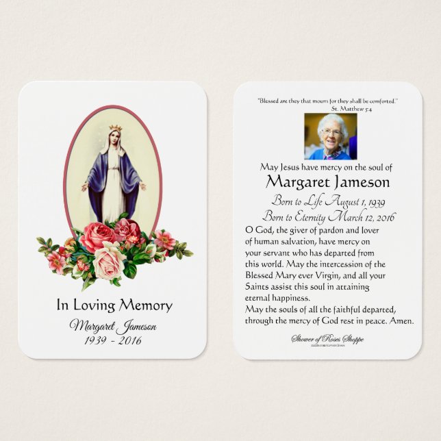 Virgin Mary Catholic Funeral Memorial Holy Card - (Front & Back)