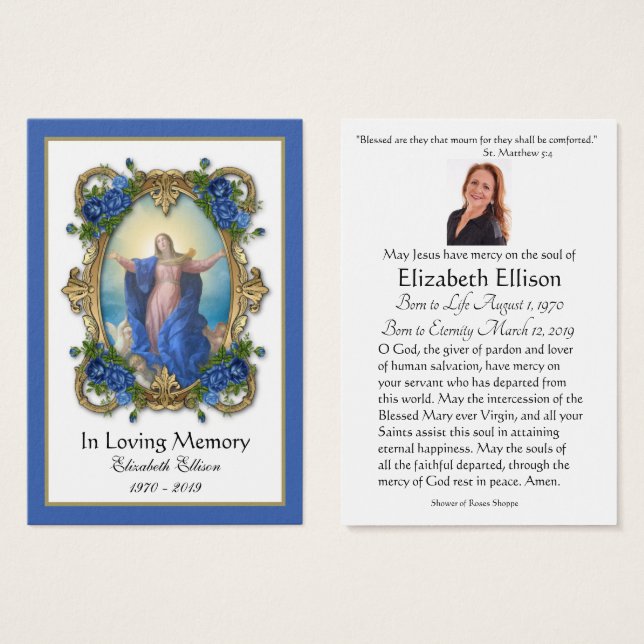 Virgin Mary Catholic Funeral Memorial Holy Card - (Front & Back)