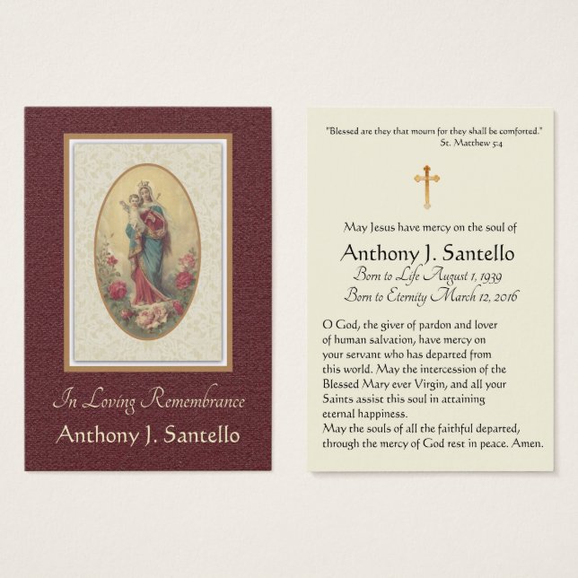 Virgin Mary Catholic Funeral Memorial Holy Card - (Front & Back)