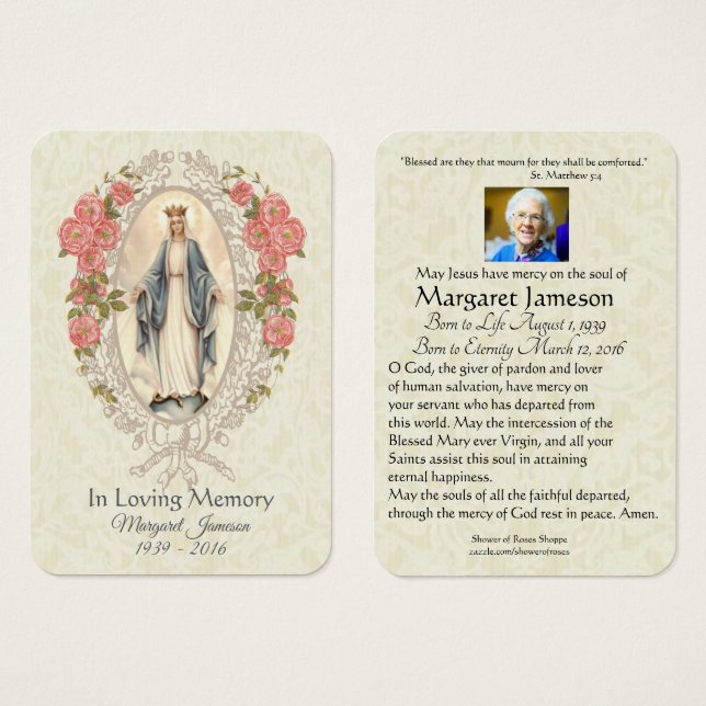 Virgin Mary Catholic Funeral Memorial Holy Card - (Front & Back)