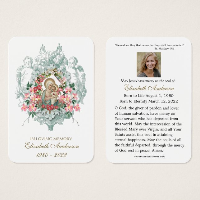 Virgin Mary Catholic Funeral Memorial Holy Card - (Front & Back)