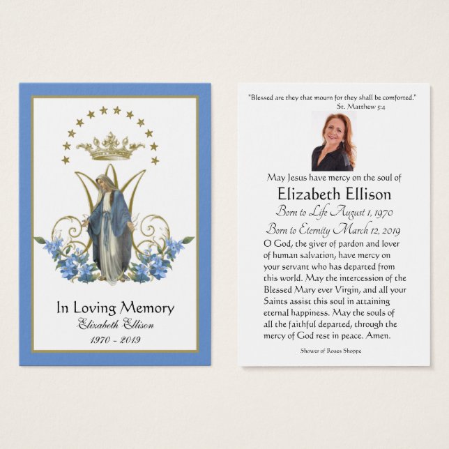 Virgin Mary Catholic Funeral Memorial Holy Card - (Front & Back)