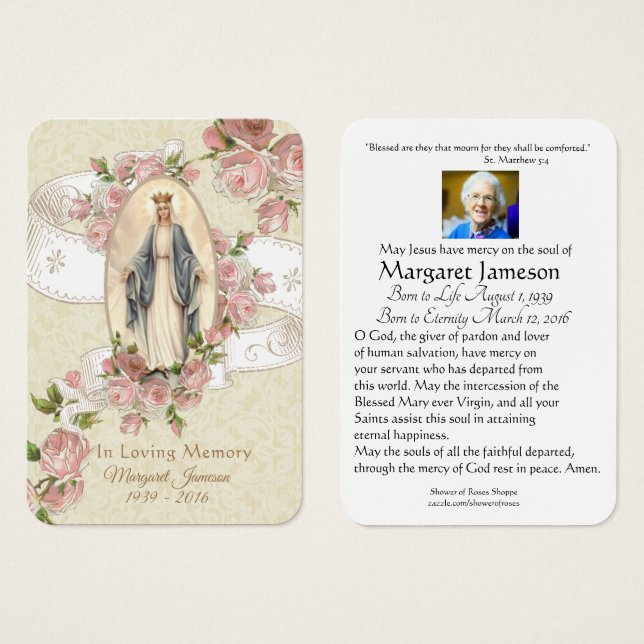 Virgin Mary Catholic Funeral Memorial Holy Card - (Front & Back)