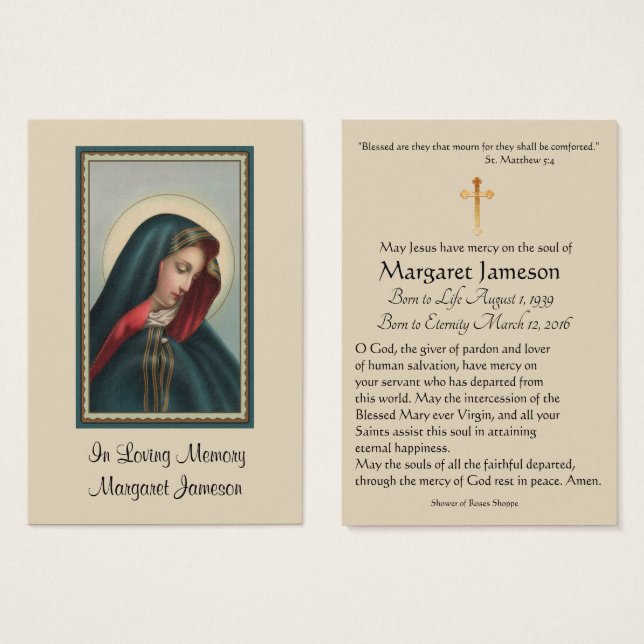 Virgin Mary Catholic Funeral Memorial Holy Card - (Front & Back)