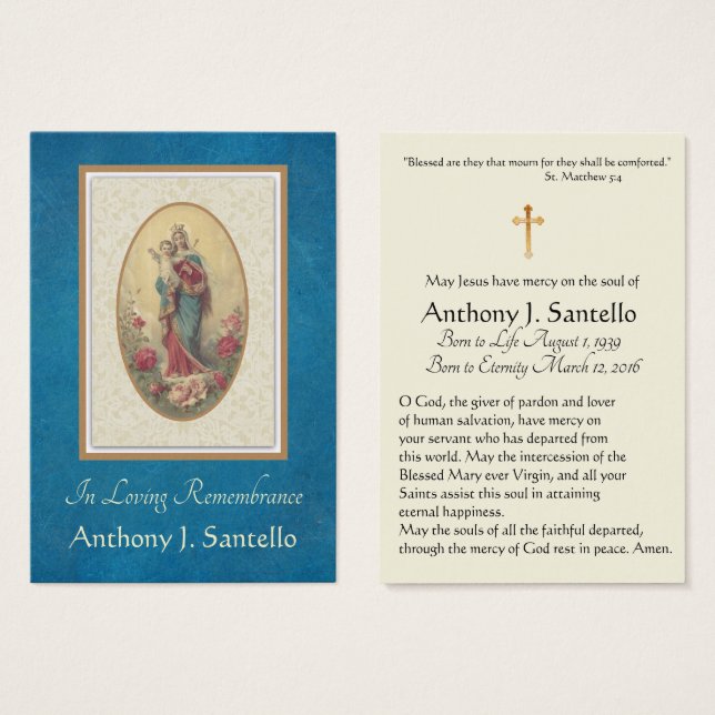 Virgin Mary Catholic Funeral Memorial Holy Card - (Front & Back)