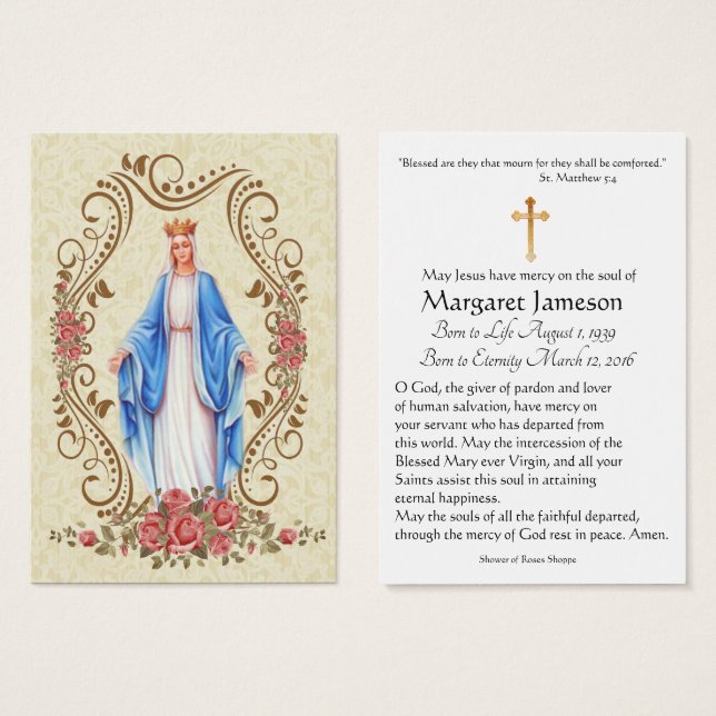 Virgin Mary Catholic Funeral Memorial Holy Card - (Front & Back)