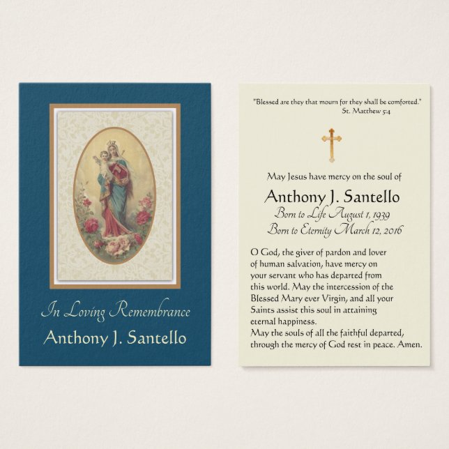 Virgin Mary Catholic Funeral Memorial Holy Card - (Front & Back)